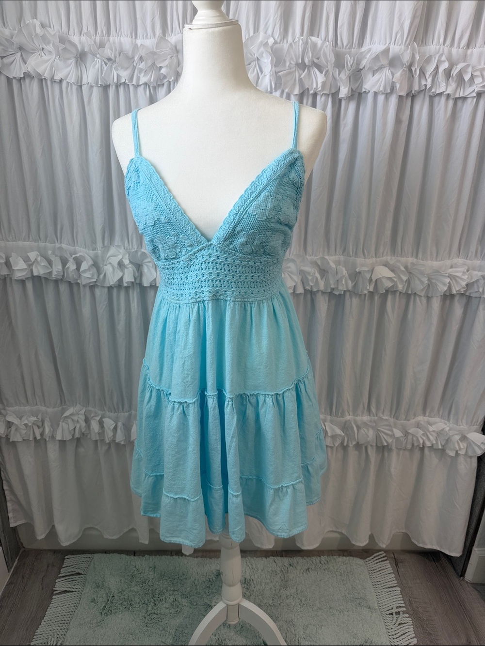 Sleeveless Sky-Blue Crochet Bodice Tiered Midi Dress